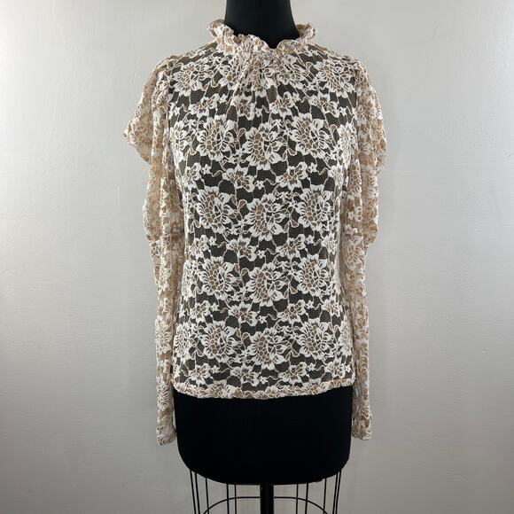 ANTHROPOLOGIE DOLAN Sheer Ivory Lace Puff Sleeve Mock Neck Blouse Top Size M NEW - Picture 4 of 13